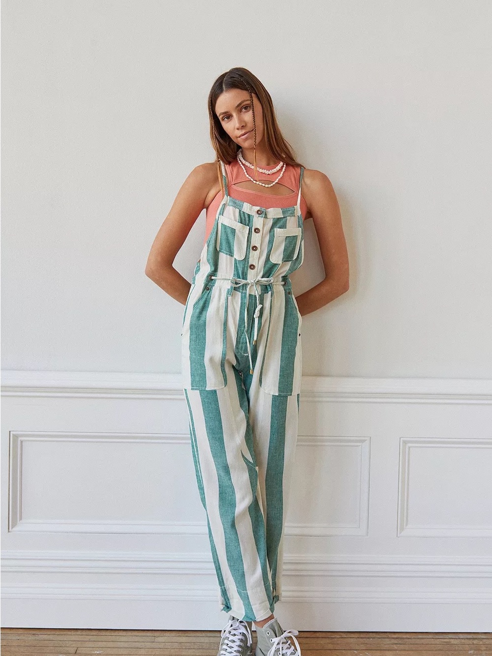 BDG Teal and White Vertical Stripe Cotton Jumpsuit